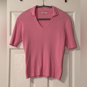 Vila Milano Pink Ribbed Knit Polo Sweater Size S